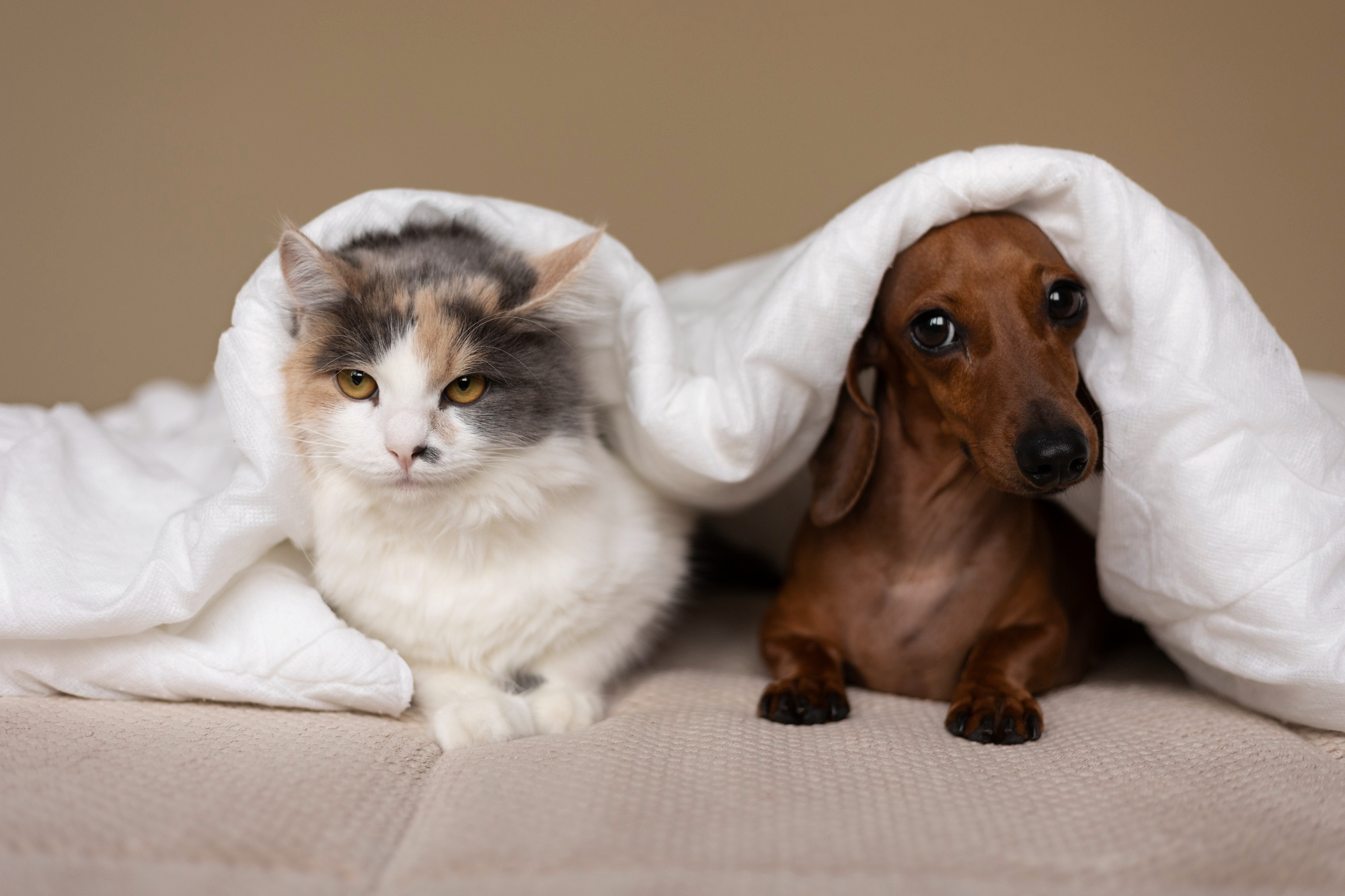 a cat and a dachshund under a cover together